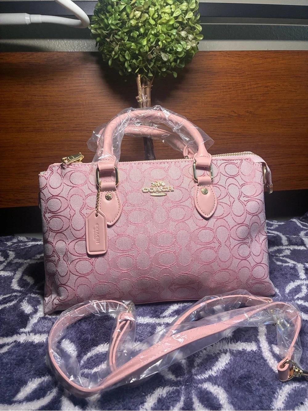 Coach Pink Signature Jacquard Satchel